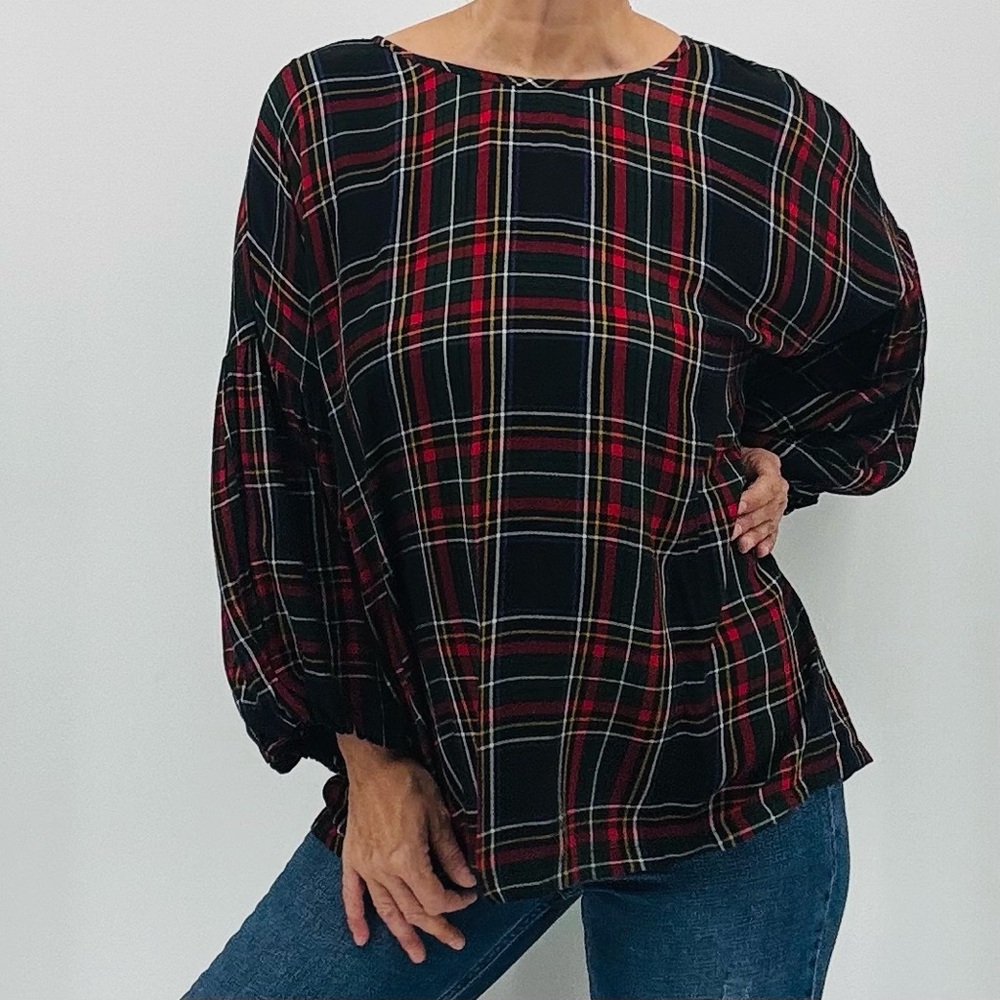 Ann Taylor Loft NEW Dark Academia Tartan Plaid Bell Sleeve Rayon Peasant Top